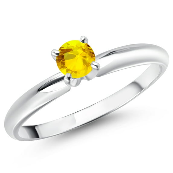 Gem Stone King 14K White Gold Yellow Sapphire Solitaire Engagement Ring for Women (0.36 Cttw, Round 4MM, Gemstone September Birthstone, Size 7)
