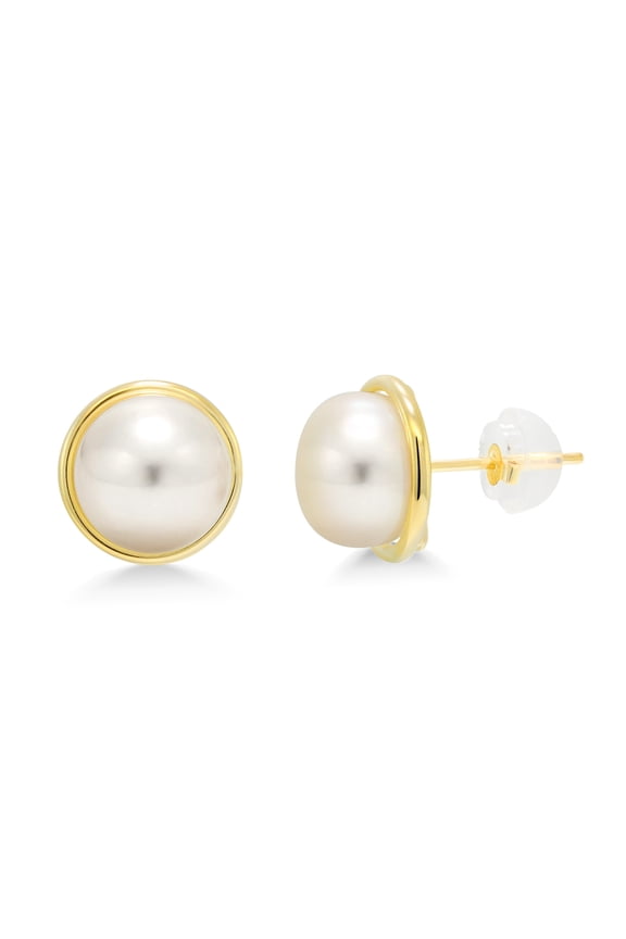 14K Yellow Gold 8MM White Button Shape Cultured Freshwater Pearl Stud Earrings for Women