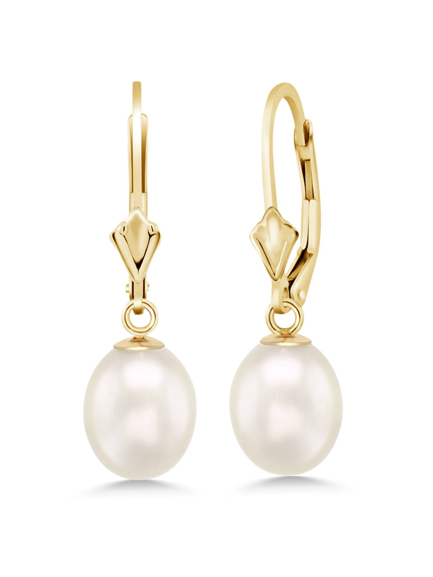 Gem Stone King 14K Yellow Gold 9MM Cultured Freshwater Pearl Dangle Earrings for Women