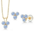 thumbnail image 1 of Gem Stone King 14K Yellow Gold Arctic Blue Zirconia 3 Stone Pendant and Earrings Jewelry Set for Women (0.99 Cttw, Round 3MM, with 18 inch Chain), 1 of 3