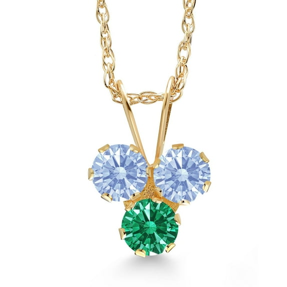 Gem Stone King 14K Yellow Gold Arctic Blue Zirconia and Green Zirconia 3-Stone Pendant Necklace for Women (0.33 Cttw, Gemstone, Round 3MM, 18 inch Chain)