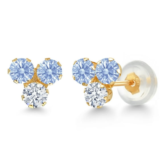 Gem Stone King 14K Yellow Gold Arctic Blue Zirconia and White Zirconia Three Stone Stud Earrings for Women (0.66 Cttw, Gemstone, Round 3MM)