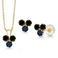 thumbnail image 1 of Gem Stone King 14K Yellow Gold Black Diamond and Blue Sapphire 3 Stone Pendant and Earrings Jewelry Set for Women (1.05 Cttw, Round 3MM, with 18 inch Chain), 1 of 3