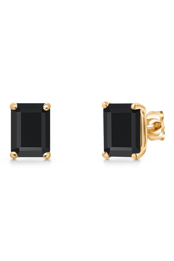 14K Yellow Gold Black Onyx Double Notch Stud Earrings| 3.27 Cttw | Gemstone December Birthstone | Octagon 8X6MM | Basket Setting | Gold Earrings for Women Men
