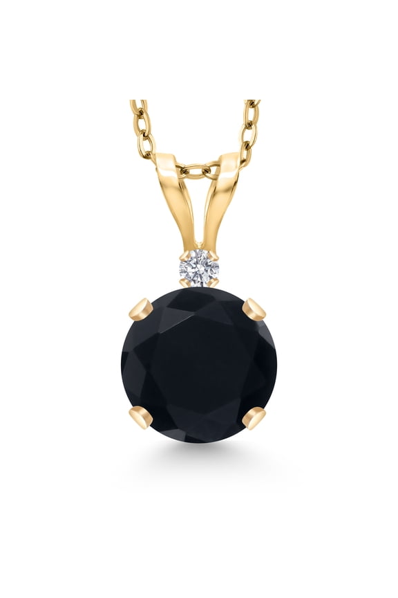 14K Yellow Gold Black Onyx and Lab Grown Diamond Pendant Necklace for Women | 0.82 Cttw | Gemstone December Birthstone | Round 6MM | With 18 inch Silver Chain