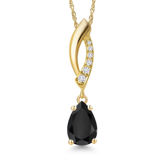 Gem Stone King 14K Yellow Gold Black Onyx and Lab Grown Diamond Pendant Necklace for Women | 0.88 Cttw | Gemstone December Birthstone | Pear Shape 8X5MM | With 18 inch Chain