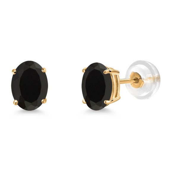 Gem Stone King 14K Yellow Gold Black Onyx Stud Basket Setting Earrings for Women Men (1.60 Cttw, Gemstone December Birthstone, Oval 7X5MM)