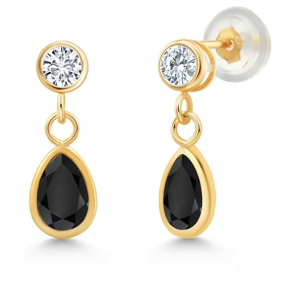 Gem Stone King 14K Yellow Gold Black Onyx and White Lab Grown Diamond Dangle Earrings for Women (0.96 Cttw, Gemstone December Birthstone, Pear Shape 6X4MM, Round 3MM)