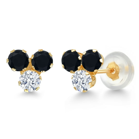 Gem Stone King 14K Yellow Gold Black Onyx and White Zirconia Three Stone Stud Earrings for Women (0.62 Cttw, Gemstone December Birthstone, Round 3MM)