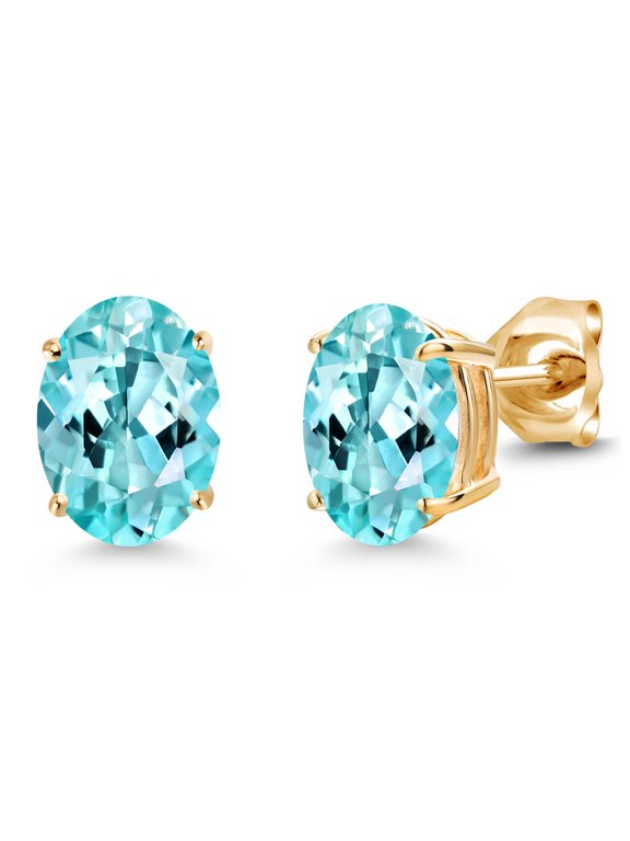 14K Yellow Gold Blue Apatite Double Notch Stud Earrings | 2.40 Cttw | Gemstone Birthstone | Oval 8X6MM | Gold Earrings for Women Men