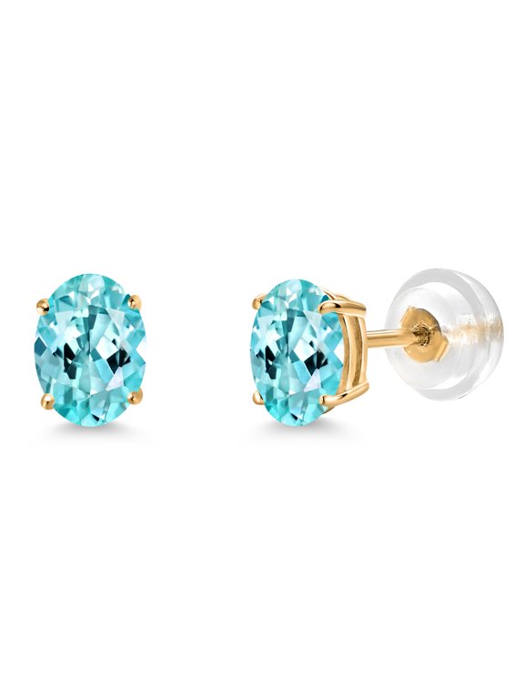 14K Yellow Gold Blue Apatite Stud Earrings for Women | 1.05 Cttw | Gemstone Birthstone | Oval 6X4MM