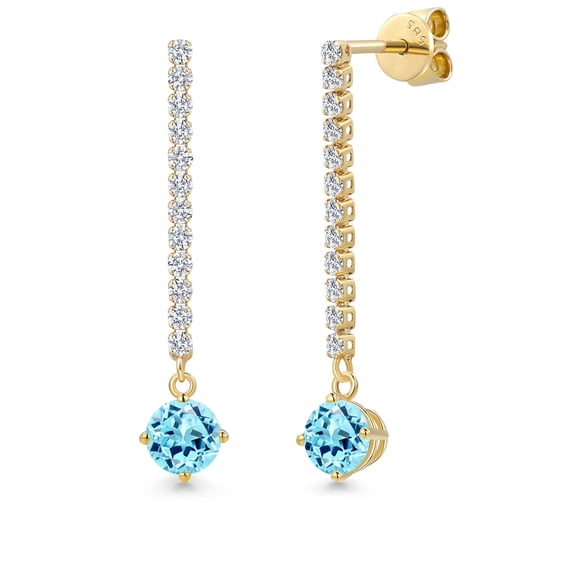 Gem Stone King 14K Yellow Gold Blue Apatite and White Lab Grown Diamond Dangle Earrings for Women | 1.35 Cttw | Gemstone Birthstone | Round 5MM