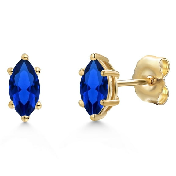 Gem Stone King 14K Yellow Gold Blue Created Sapphire Doble Notch Stud Earrings for Women Men | 0.50 Cttw | Gemstone September Birthstone | Marquise 6X3MM