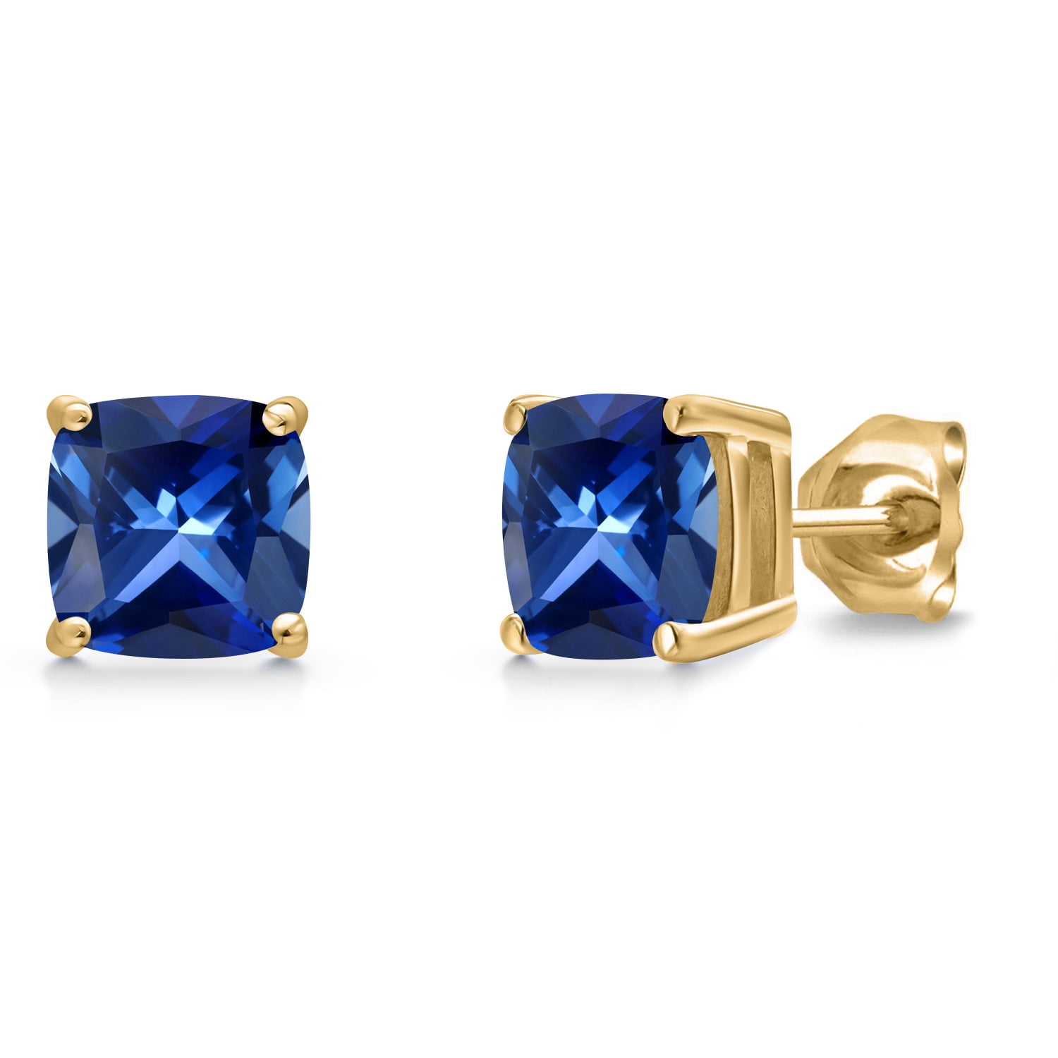 Gem Stone King 14K Yellow Gold Blue Created Sapphire Double Notch Stud Earrings | 2.00 Cttw | Gemstone September Birthstone | Cushion 6MM | Gold Earrings for Women Men