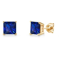 Gem Stone King 14K Yellow Gold Blue Created Sapphire Double Notch Stud Earrings | 2.80 Cttw | Gemstone September Birthstone | Princess 6MM | Gold Earrings for Women Men