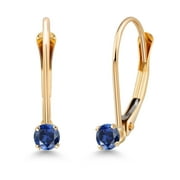 GEM STONE KING 14K Yellow Gold Blue Created Sapphire Drop Dangle Earring for Women with Leverback (0.10 Cttw, Gemstone Birthstone, Round 2.5MM)