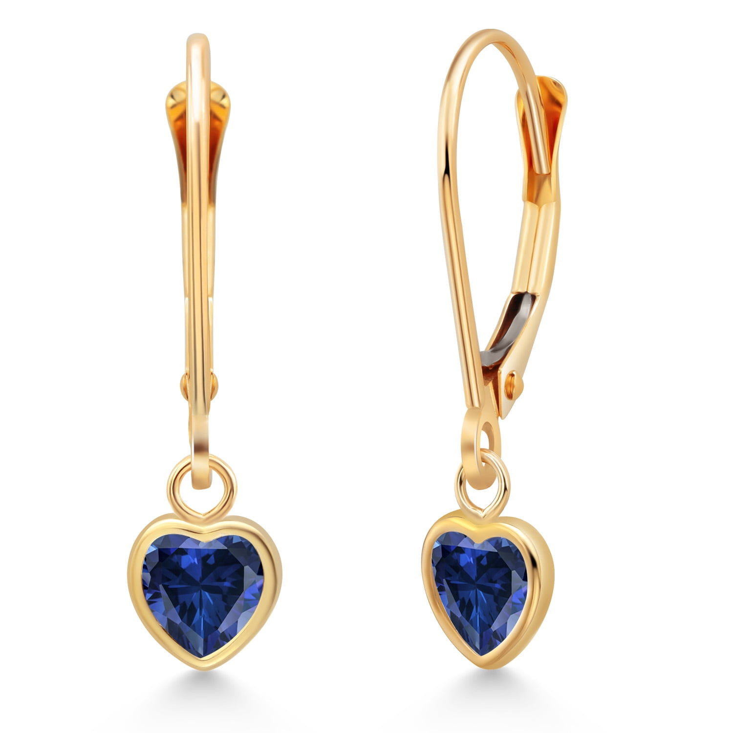 Gem Stone King 14K Yellow Gold Blue Created Sapphire Drop Dangle Leverback Earrings for Women (1.00 Cttw, Gemstone September Birthstone, Heart Shape 5MM)