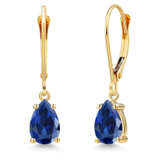 Gem Stone King 14K Yellow Gold Blue Created Sapphire Earrings for Women | 2.00 Cttw | Gemstone September Birthstone | Pear Shape 7X5MM