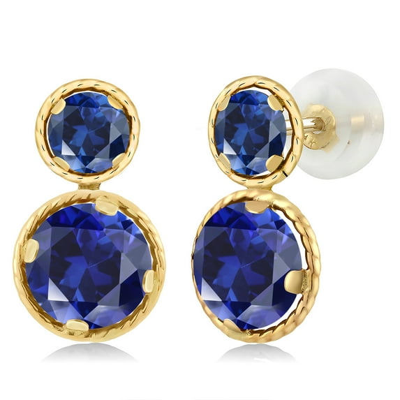 Gem Stone King 14K Yellow Gold Blue Created Sapphire Earrings for Women (2.50 Cttw, Gemstone September Birthstone, Round Cut 6MM and 4MM)