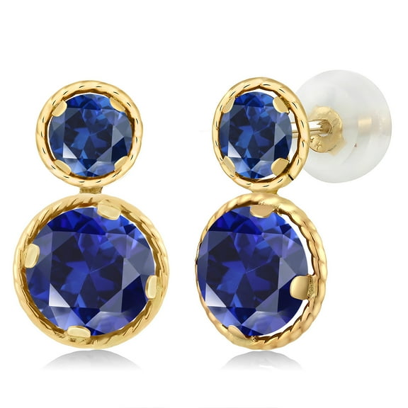 Gem Stone King 14K Yellow Gold Blue Created Sapphire Earrings for Women (2.50 Cttw, Gemstone September Birthstone, Round Cut 6MM and 4MM)