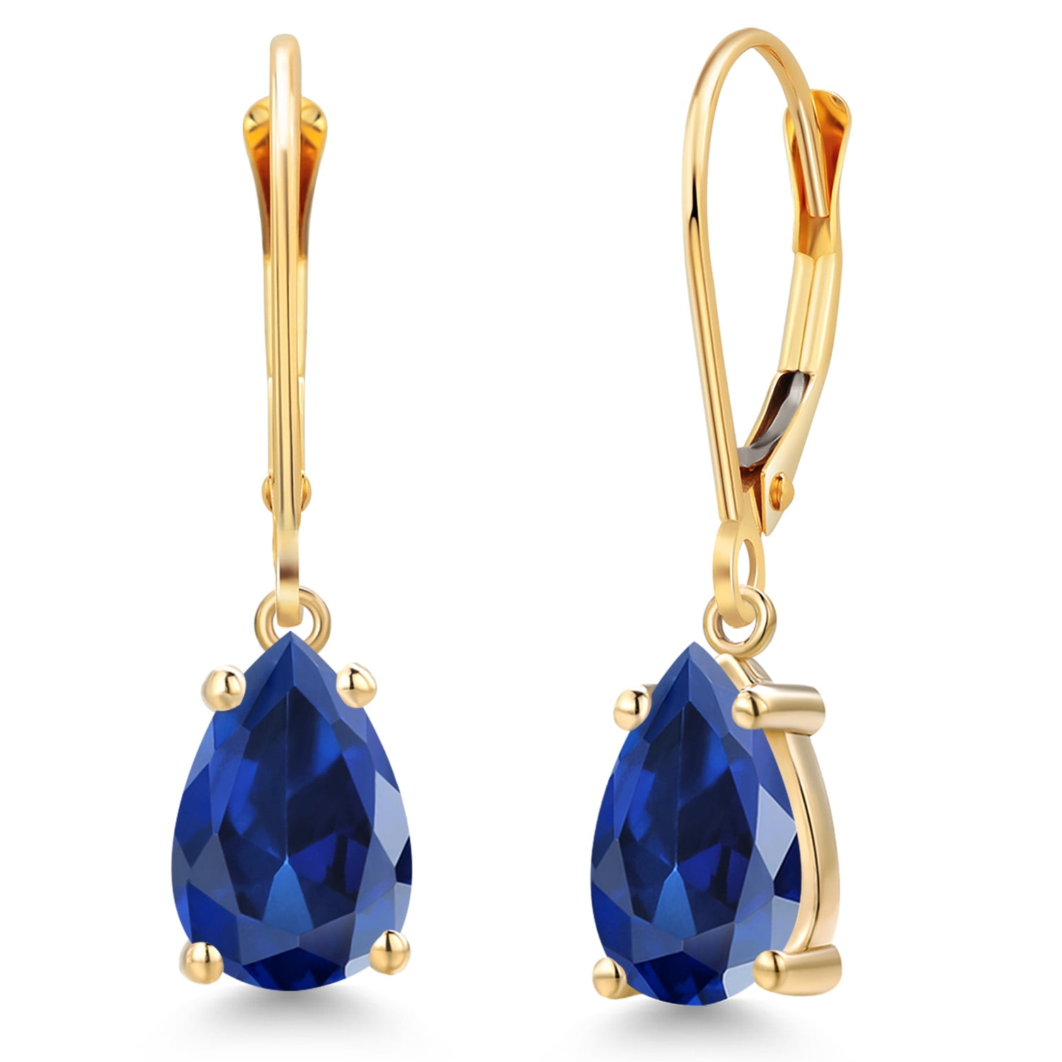 Gem Stone King 14K Yellow Gold Blue Created Sapphire Earrings for Women | 5.10 Cttw | Gemstone September Birthstone | Pear Shape 9X6MM