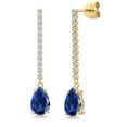 thumbnail image 1 of Gem Stone King 14K Yellow Gold Blue Created Sapphire and Lab Grown Diamond Dangle Earrings for Women | 5.46 Cttw | Gemstone September Birthstone | Pear Shape 9X6MM, 1 of 6