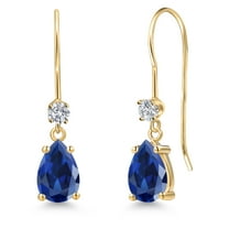 Gem Stone King 14K Yellow Gold Blue Created Sapphire and Lab Grown Diamond Earrings for Women | 2.13 Cttw | Gemstone September Birthstone | Pear Shape 7X5MM
