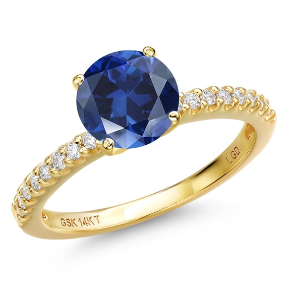 Gem Stone King 14K Yellow Gold Blue Created Sapphire and Lab Grown Diamond Engagement Ring for Women | 2.66 Cttw | Round 8MM | Gemstone September Birthstone | Size 8
