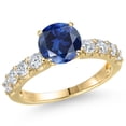 thumbnail image 1 of Gem Stone King 14K Yellow Gold Blue Created Sapphire and Lab Grown Diamond Engagement Ring for Women | 3.38 Cttw | Round 8MM | Gemstone September Birthstone | Size 6, 1 of 6