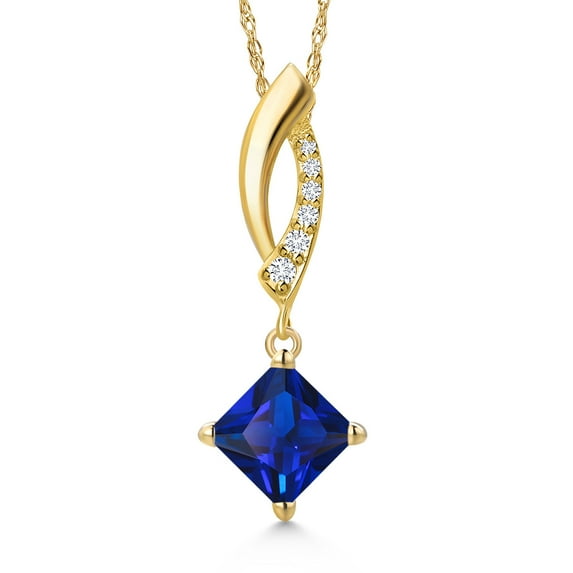 Gem Stone King 14K Yellow Gold Blue Created Sapphire and Lab Grown Diamond Pendant Necklace for Women | 1.43 Cttw | Gemstone September Birthstone | Princess 6MM | With 18 inch Chain