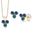 thumbnail image 1 of Gem Stone King 14K Yellow Gold Blue Created Sapphire and London Blue Topaz 3 Stone Pendant and Earrings Jewelry Set for Women (1.23 Cttw, Round 3MM, with 18 inch Chain), 1 of 3