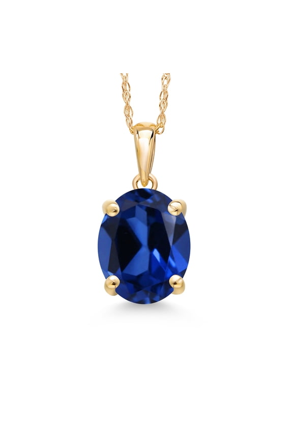 14K Yellow Gold Blue Created Sapphire Pendant Necklace | 3.30 Cttw | Gemstone September Birthstone | Oval 10X8MM | Gold Necklace for Women | With 18 inch Gold Chain
