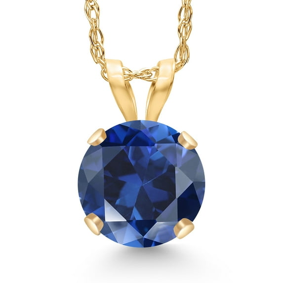 Gem Stone King 14K Yellow Gold Blue Created Sapphire Pendant Necklace for Women | 1.00 Cttw | Gemstone September Birthstone | Round 6MM | With 18 inch Chain