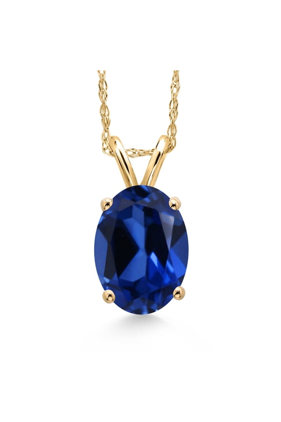 14K Yellow Gold Blue Created Sapphire Pendant Necklace for Women | 2.30 Cttw | Gemstone September Birthstone | Oval 9X7MM | With 18 inch Chain