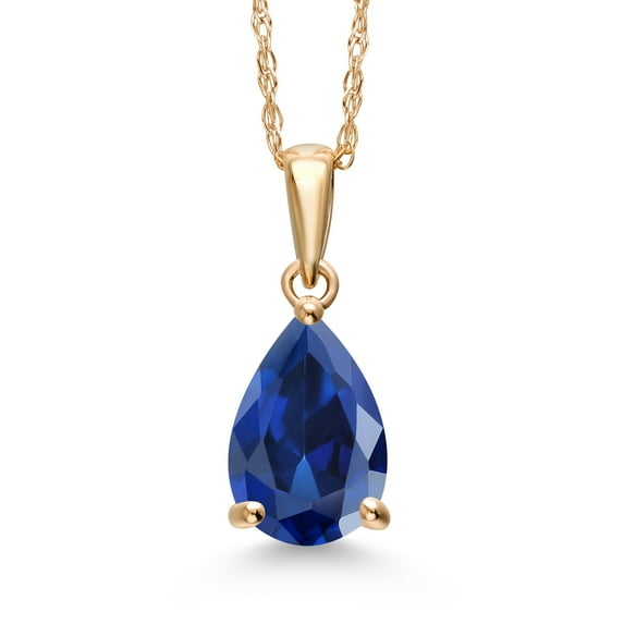 Gem Stone King 14K Yellow Gold Blue Created Sapphire Pendant Necklace for Women | 2.55 Cttw | Gemstone September Birthstone | Pear Shape 9X6MM | With 18 inch Chain