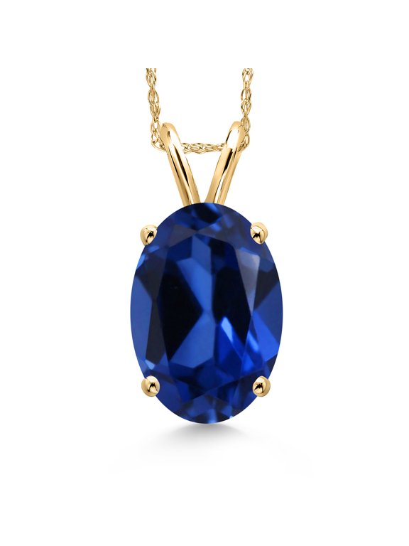 14K Yellow Gold Blue Created Sapphire Pendant Necklace for Women | 6.00 Cttw | Gemstone September Birthstone | Oval 14X10MM | With 18 inch Chain