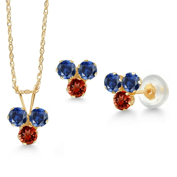 Gem Stone King 14K Yellow Gold Blue Created Sapphire and Red Garnet 3 Stone Pendant and Earrings Jewelry Set for Women (1.29 Cttw, Round 3MM, with 18 inch Chain)