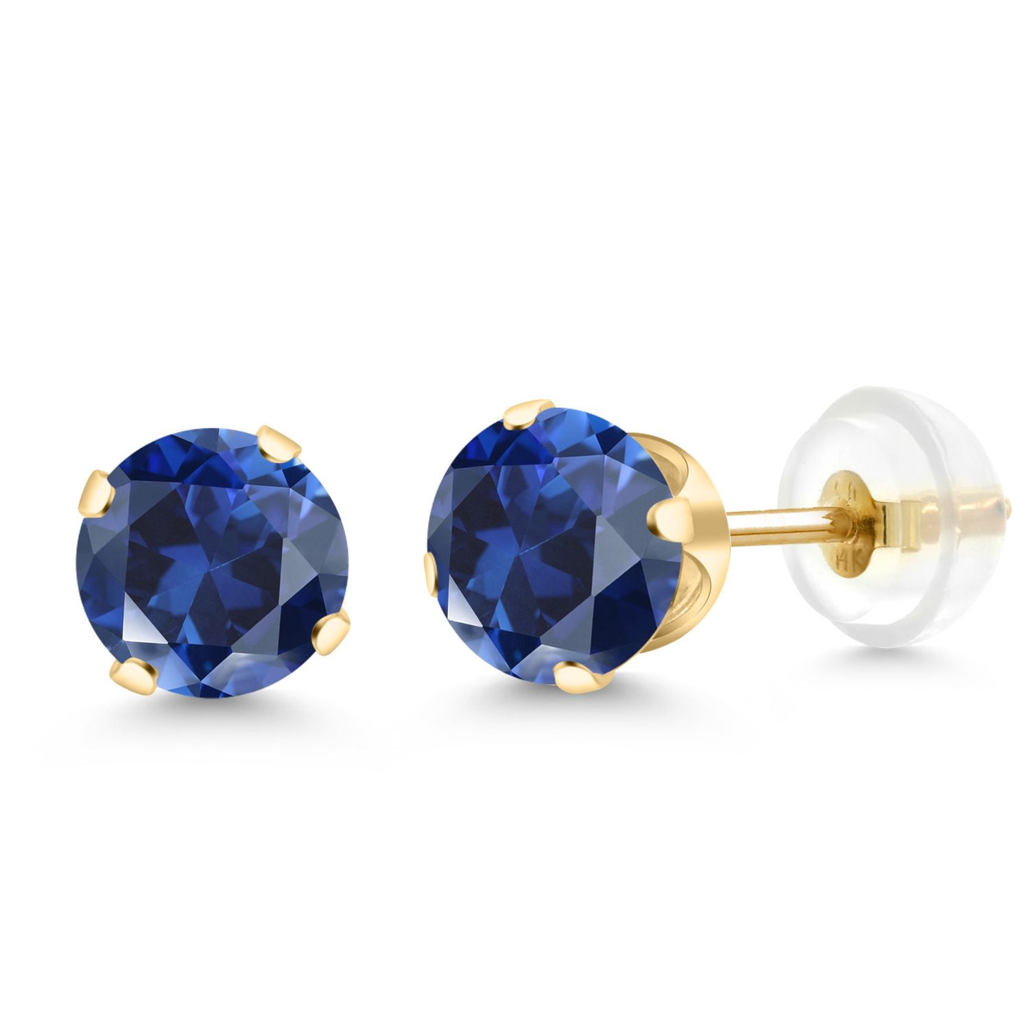 Gem Stone King 14K Yellow Gold Blue Created Sapphire Stud Earrings for Women Men (2.00 Cttw, Round 6MM)