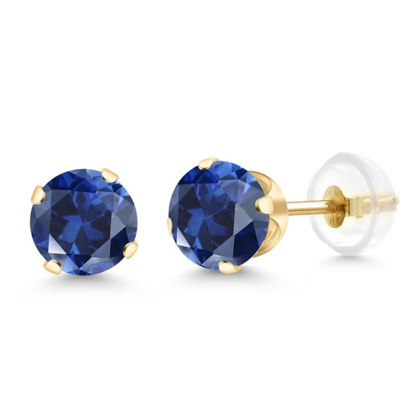 Gem Stone King 14K Yellow Gold Blue Created Sapphire Stud Earrings for Women Men (2.00 Cttw, Round 6MM)