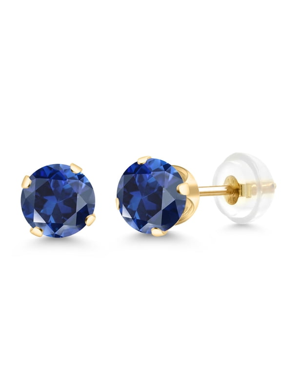 14K Yellow Gold Blue Created Sapphire Stud Earrings for Women Men (2.00 Cttw, Round 6MM)