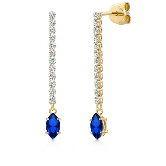Gem Stone King 14K Yellow Gold Blue Created Sapphire and White Lab Grown Diamond Dangle Earrings for Women | 0.86 Cttw | Gemstone September Birthstone | Marquise 6X3MM