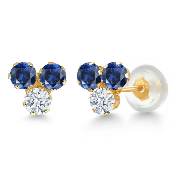 Gem Stone King 14K Yellow Gold Blue Created Sapphire and White Zirconia Three Stone Stud Earrings for Women (0.78 Cttw, Gemstone September Birthstone, Round 3MM)