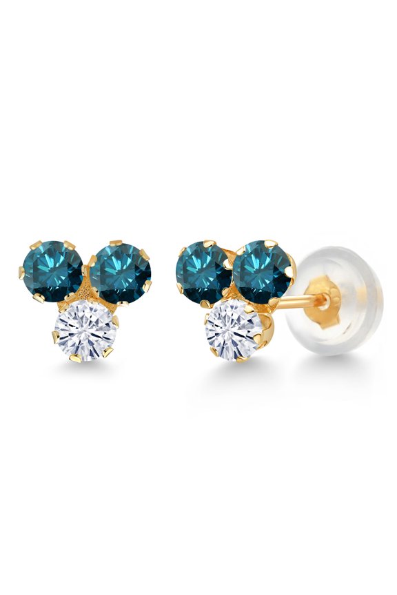 14K Yellow Gold Blue Diamond and White Moissanite Three Stone Stud Earrings for Women (0.60 Cttw, Gemstone April Birthstone, Round 3MM)