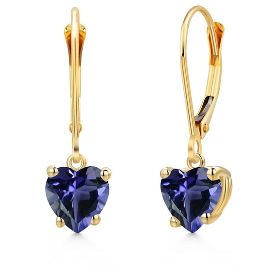 Gem Stone King 14K Yellow Gold Blue Iolite Earrings for Women | 1.16 Cttw | Gemstone Birthstone | Heart Shape 6MM