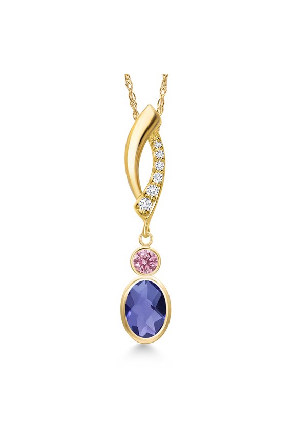 14K Yellow Gold Blue Iolite and Pink Lab Grown Diamond and Lab Grown Diamond Pendant Necklace for Women | 0.84 Cttw | Gemstone Birthstone | Oval Checkerboard 7X5MM | With 18 inch Chain