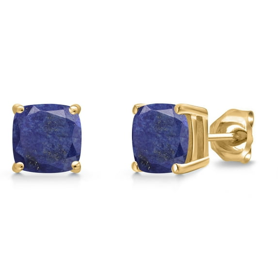 Gem Stone King 14K Yellow Gold Blue Lapis Double Notch Stud Earrings | 2.00 Cttw | Gemstone Birthstone | Cushion 6MM | Gold Earrings for Women Men