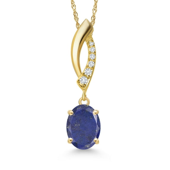 Gem Stone King 14K Yellow Gold Blue Lapis and Lab Grown Diamond Pendant Necklace for Women | 1.43 Cttw | Gemstone Birthstone | Oval 8X6MM | With 18 inch Chain