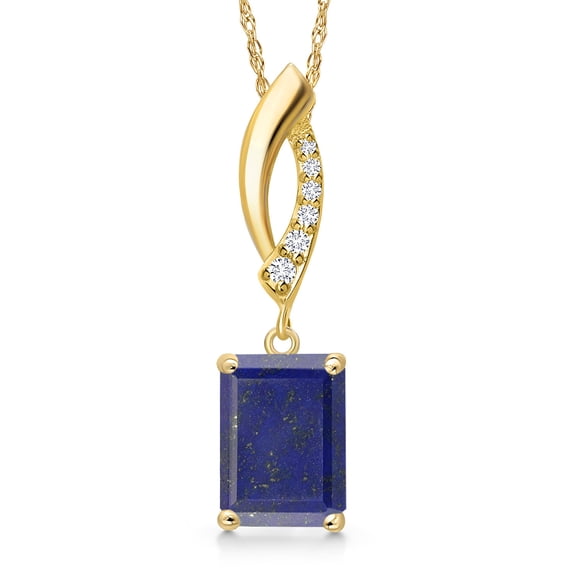 Gem Stone King 14K Yellow Gold Blue Lapis and Lab Grown Diamond Pendant Necklace for Women | 2.03 Cttw | Gemstone Birthstone | Emerald Cut 9X7MM | With 18 inch Chain