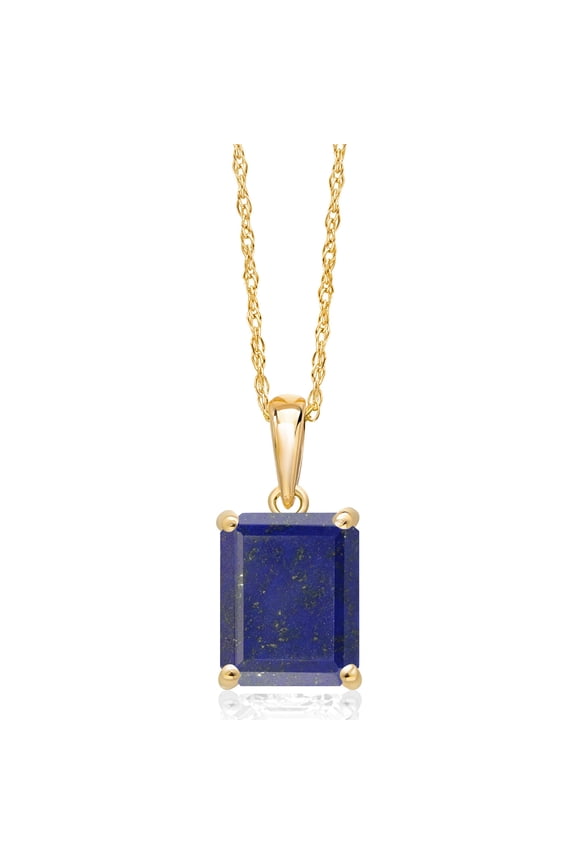 14K Yellow Gold Blue Lapis Pendant Necklace | 2.00 Cttw | Gemstone Birthstone | Emerald Cut 9X7MM | Gold Necklace for Women | With 18 inch Gold Chain