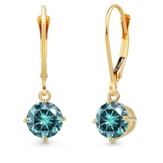 Gem Stone King 14K Yellow Gold Blue Moissanite Earrings for Women | 2.00 Cttw | Gemstone Birthstone | Round 6.5MM